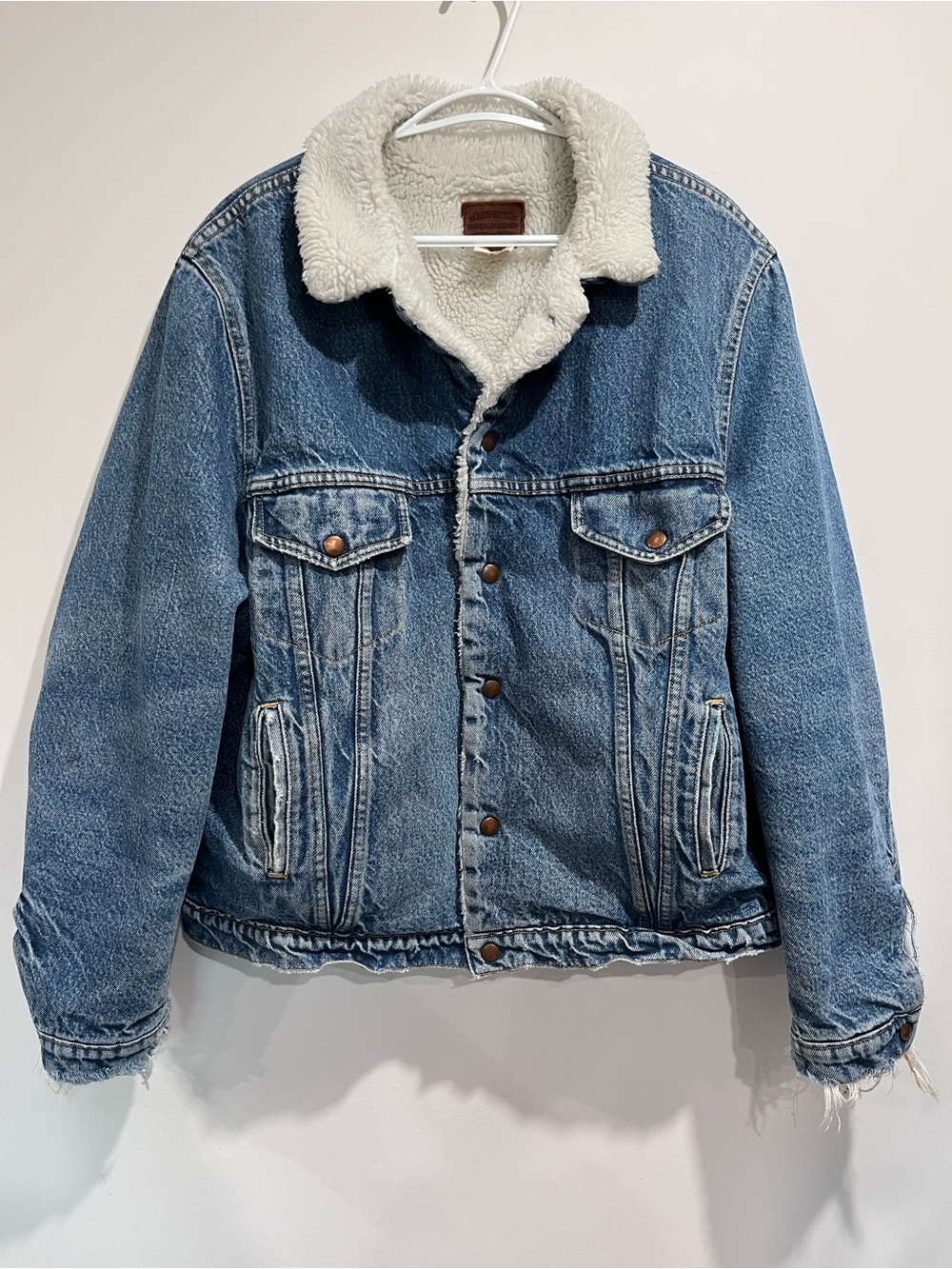 Vintage 80s Roughshod Sherpa Lined Blue Denim Jacket Made in Canada Distressed